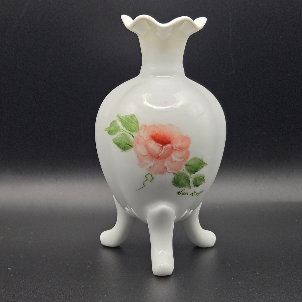 Vintage Porcelain Vase Hand Painted Floral Design‎ Signed Van Dyne 3 Leg Base